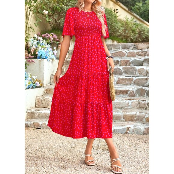 Womens Smocked Midi Dress Lightweight Summer Casual Flutter Short Sleeve Flowy - Picture 5 of 5